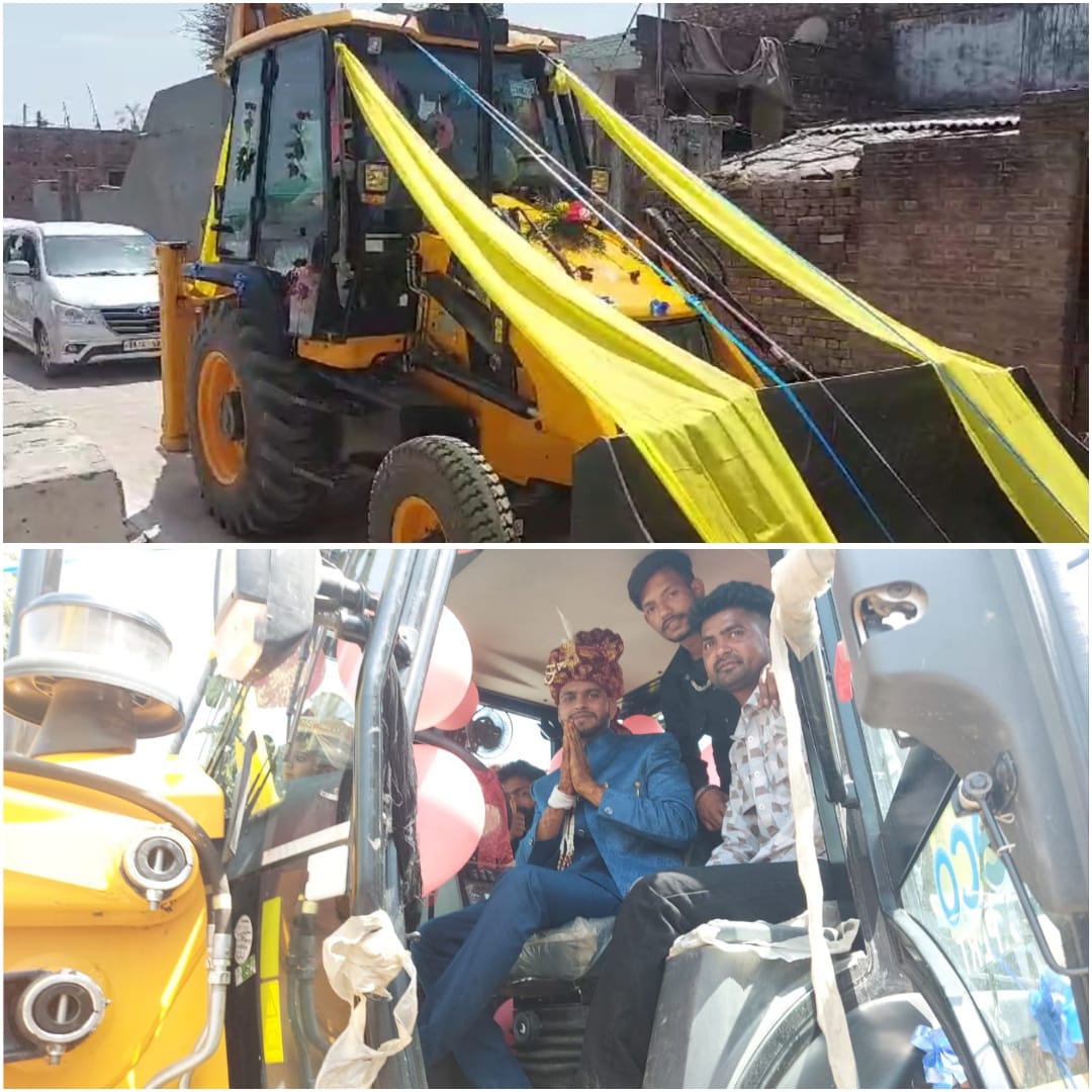 The groom arrived to pick up the bride riding on a bulldozer