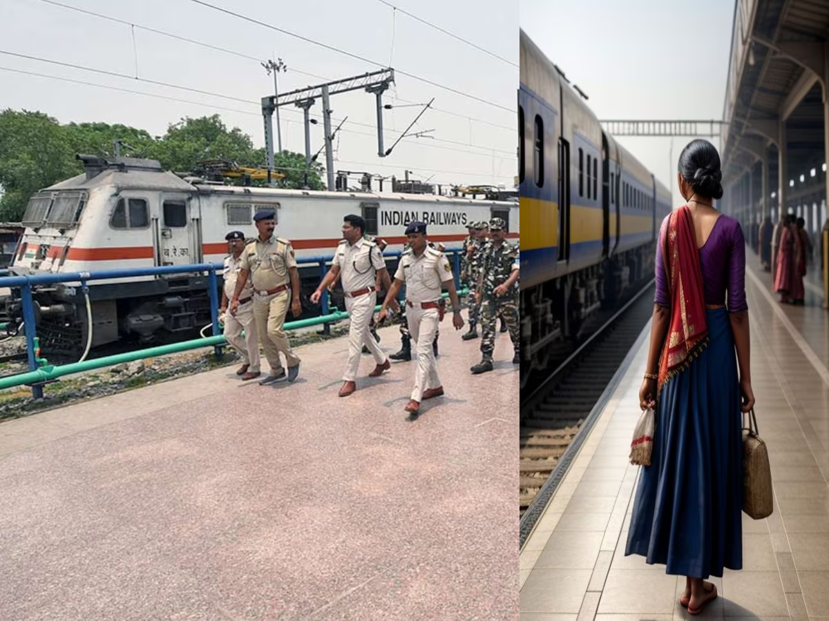 5 girls were standing with a woman at the railway station